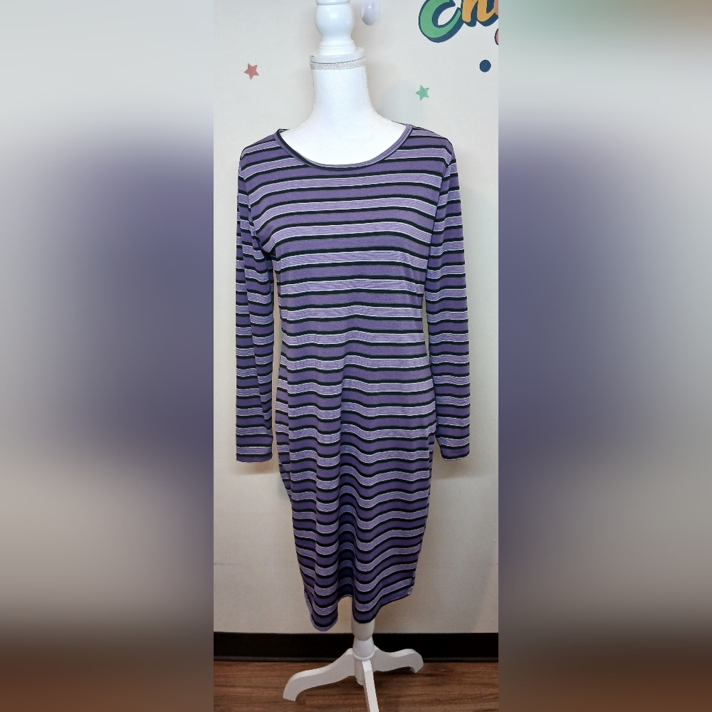 LuLaRoe Purple Black Striped Long Sleeve Midi Dress | Size L